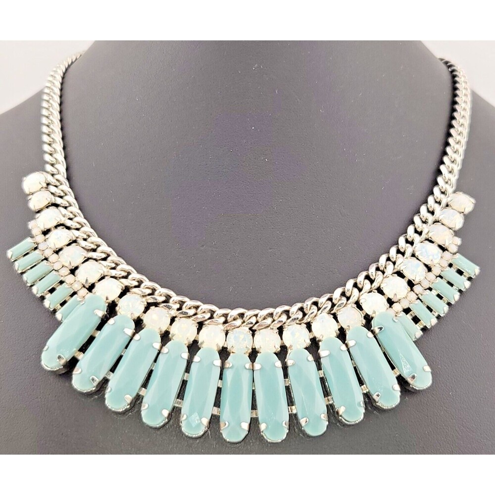 Opalescent Green Rhinestone Silver Plate Cuban Link Chain Collar Choker Necklace